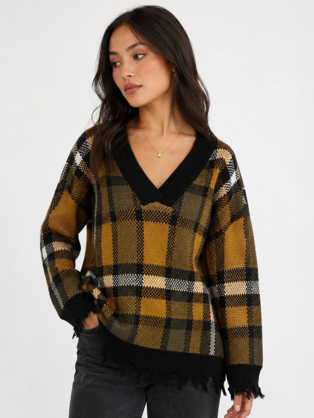 NWT ENTRO V-neck Fringe Plaid Sweater Mustard Yellow Black Plaid Size S